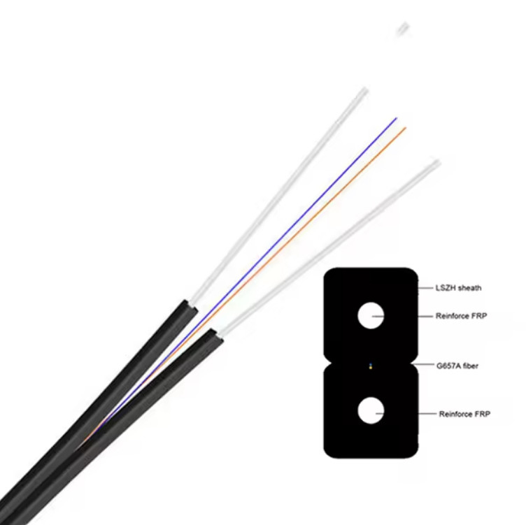 FTTH Drop Kabel Single Mode 1-2 Core GJXFH FRP Kekuatan Anggota