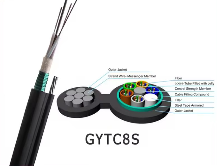 Aerial GYTC8S Armored Gambar 8 Kabel dengan pita baja 24 36 48 72 Core G652D Kabel serat optik